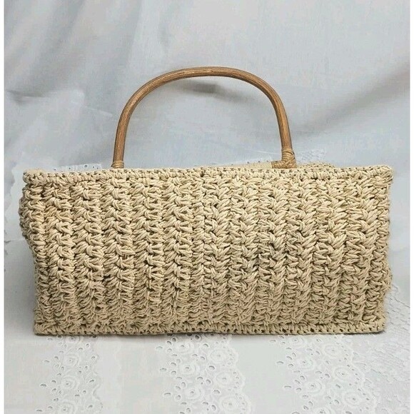 Fossil Tan Embroidered Rattan Straw Purse W/ Wooden Handles Floral Pocketbook - Picture 9 of 11